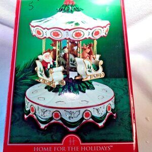 VTG "Home For The Holidays" Porcelain Musical Santa Reindeer Christmas Carousel